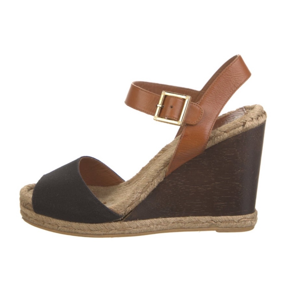🖤🤎 Tory Burch Black & Brown Leather Espadrille Wedge Sandals